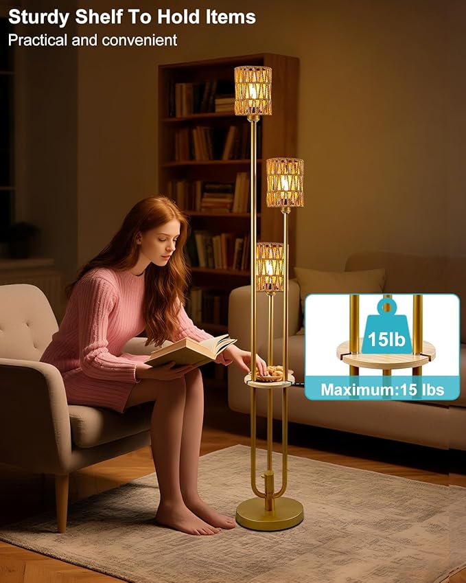 Lightdot Dimmable Boho Floor Lamps for Living Room, 3-Lights Rattan Floor Lamp with Shelves, 3000K Warmwhite Farmhouse Floor Lamp Candle Holder Style, Rustic Gold Standing Lamp with Bulbs Included