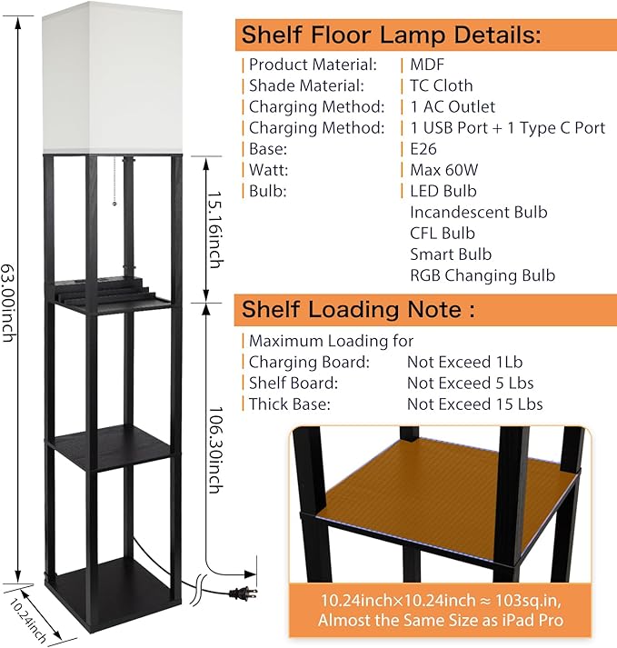 SHINE HAI 3-in-1 Shelf Floor Lamp with 1 USB&Type C&1 AC Outlet, 3-Tiered LED Bedroom Lamp, Shelf & Storage Combination Modern Standing Light