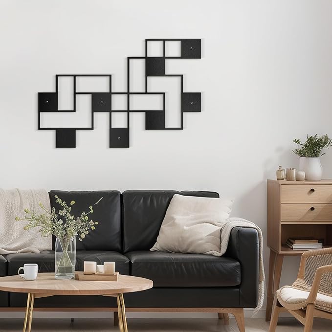 SIGNLEADER Metal Wall Decor Grids Geometric Minimalist Modern Luxury Wall Sculpture Hangings 3D Statue Home Decoration for Living Room, Bedroom, Bathroom, Kitchen, Fireplace, Office - 24" Black