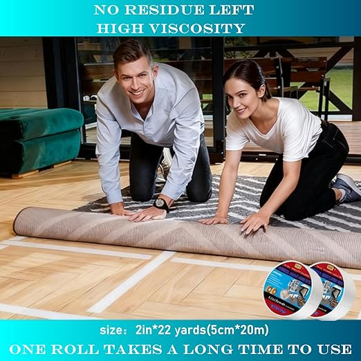 SJZQ Double Sided Carpet Tape 2 in x 30 yd - Heavy Duty Rug Gripper for Area Rugs on Hardwood, Tile, Concrete Floors, Strong Adhesive Removable Residue Free