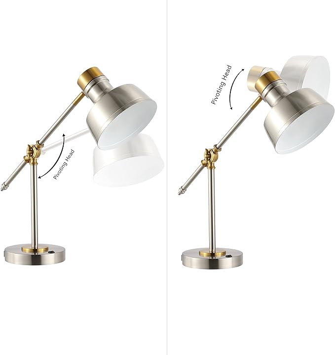 JONATHAN Y JYL7124B 18.5" Industrial Task Lamp with USB Charging Port, Nickel and Brass Farmhouse Desk Lamp with Adjustable Head for Office, Bedroom Bedside Reading, LED Bulb Included