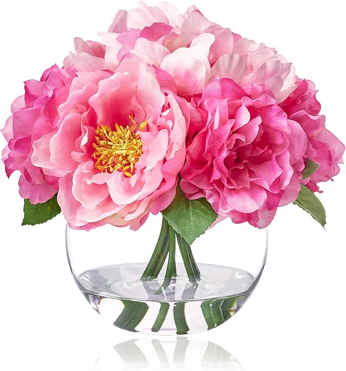 Artificial Flowers in Vase, Silk Peonies Bouquet for Vase with Faux Water, Fake Peony Pink Flower Arrangement for Home Wedding Birthday Party Dining Table Centerpiece Spring Festival Decor Mom's Gift