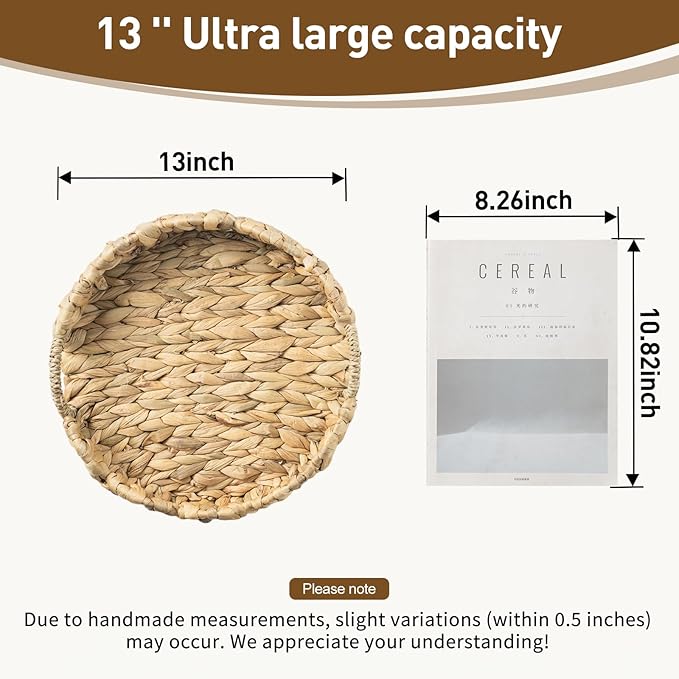 Round Wicker Scalloped Serving Tray with Handles - Seagrass Handwoven Trays,Water Hyacinth Tray for Home Decor and Living Room, Dining Table, Bathroom Organizing, 13" L x 13" W x 3.5" H