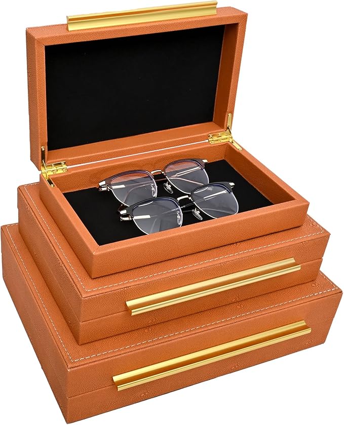 Faux Shagreen Decorative Storage Boxes – Set of 3 Stackable Jewelry Organizers with Gold Metal Handles & Velvet Lining, Modern Burn Orange Box for Vanity, Entryway & Coffee Table Décor
