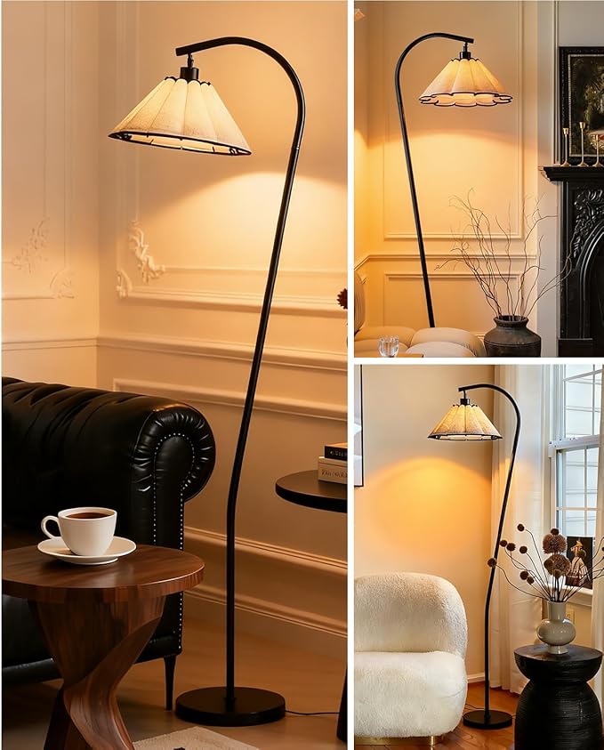 Omlaamy Floor Lamp with Pleated Linen Lampshade, Modern Flower Floor Lamp for Living Room Arc Standing Lamp, Gold Tall Lamp for Bedroom Office Dining Room, Bulb Included (Black + Black, 66.1IN)