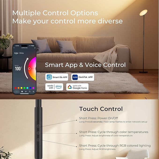 Smart Floor Lamp, 2800LM RGBWW Standing Lamps for Living Room with Smart App & Voice Control, 69.3in Torchiere Floor Lamps Color Changing, 350°Rotating LED Tall Lamp for Bedroom Office Gaming Party