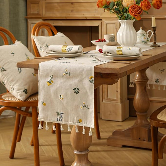 Boho Daisy Embroidered Linen Table Runner with Tassels Set of 1 Runner and 2 Placemats 12x108 Inches Flax Beige for Farmhouse Dining Table Buffet Nightstand Decor Home and Commercial Use