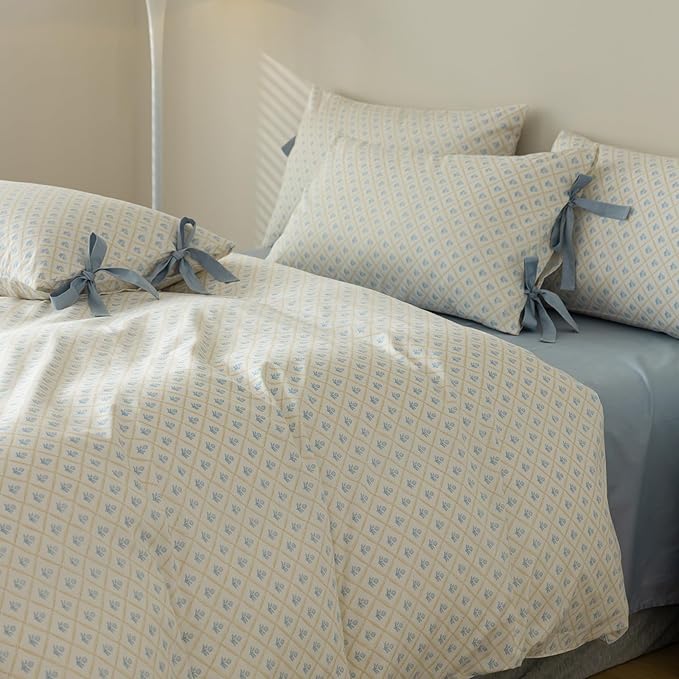 Blue Floral Duvet Cover Full Soft Cotton Garden Style Floral Bedding Comforter Cover Plaid Grid Design Vintage Blue Flower Duvet Cover with 2 Bowknot Pillowcases Botanical Cottagecore Bedding Set Full