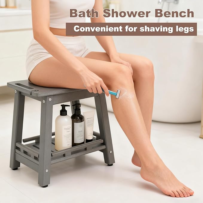 HDPE Shower Bench Seat for Shaving Legs, Waterproof Shower Stool with Storage Shelf for Bathroom,Grey