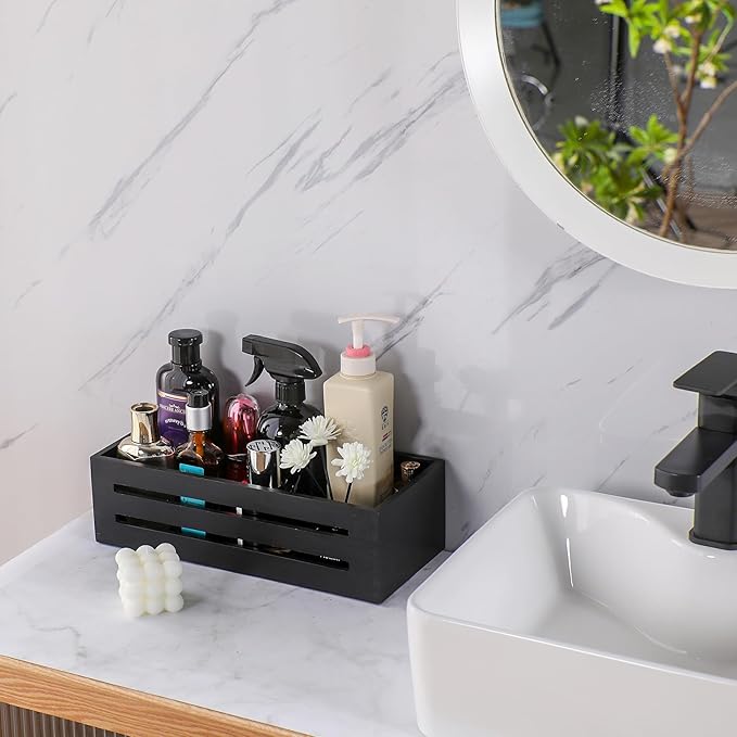 Bathroom Decor Box,Wooden Toilet Tank Topper Basket Tray,Back of Toilet Basket for Paper Storage Bathroom Counter Organizer (Black, Hollowed-Out 13 * 6.1 * 3 in)