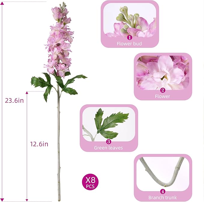 Fake Flowers 23.6” Delphinium Artificial Flowers 8Pcs Silk Flowers with Stems Long Stem Artificial Flowers for Tall Vase Faux Flowers for Indoor Home Decoration Wedding Decoration Centerpiece (Purple)