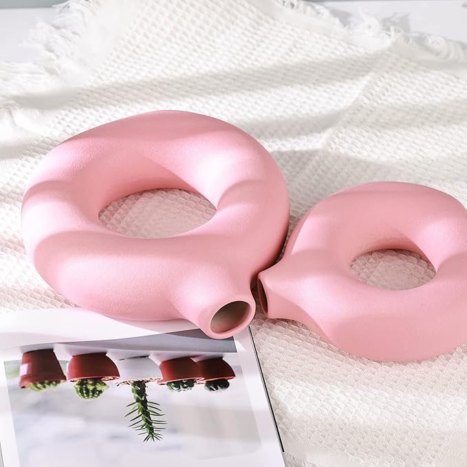 Pink Vase Decor Donut Vase Set of 2 - Circle Hollow Vases, Modern Matte Ceramic Vases for Entryway Living Room Bedroom Dining Table Centerpiece Office Home Decor
