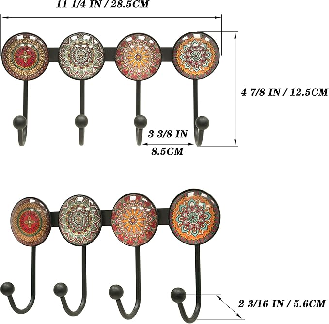Coat Rack Wall Mounted with 4 Hooks, Round Brown Pattern Decorative Wall Hooks for Hanging Hat, Key, Towel, Purse, Bag and Robe, for Entryway Bathroom Organizer Hanger