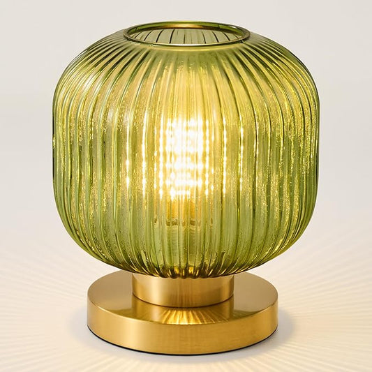 Small Green Glass Table Lamp: Mid Century Modern Dimmable Nightstand Lamps - Vintage Decor Brass Desk Lamp With Plug - Ribbed Glass Bedside Tables Lamps for Bedroom Living Room Office Bulb Excluded