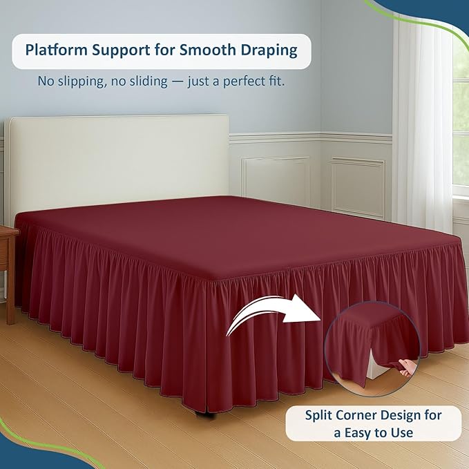 Rajlinen Ruffled Bed Skirt Queen, 8 Inch Drop Dust Ruffle with Split Corners, 100% Microfiber Bedskirt with Platform, Three-Sided Coverage Ruffled Gathering Design, Burgundy