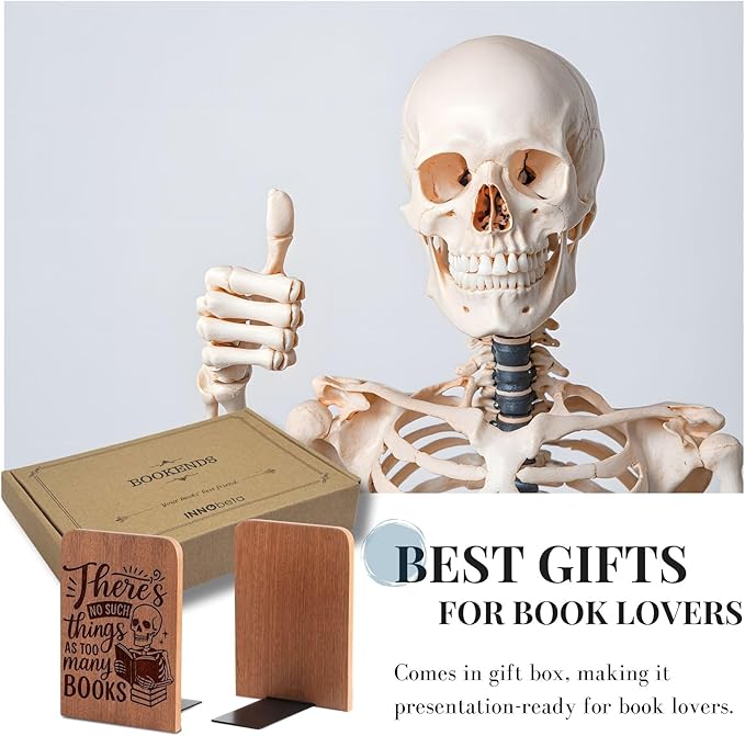 Book Lover Gifts for Women Men, Skull Bookends, Novelty Bookends Unique, Heavy Duty Wooden Book Ends for Shelves Decorative(1 Pair, 4.72x6.69 Inches) - NoSuch