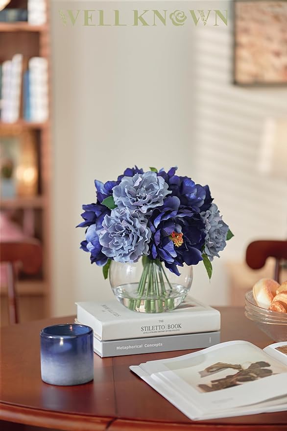 WELL KNOWN Artificial Flowers in Vase, Silk Blue Peonies for Vase with Faux Water, Fake Flower Arrangements for Winter Spring Home Coffee Dining Table Decor Wedding Centerpieces & Christmas Mom's Gift