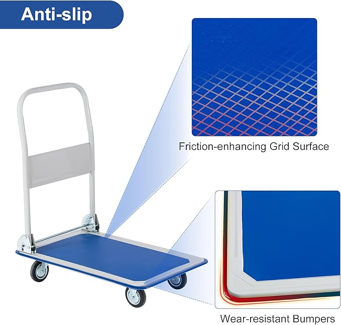 Push Cart Dolly Platform Truck Folding Foldable Flatbed Dolly Metal with Wheels Hand Trucks Heavy Duty Rolling Tool Cart, Blue - 330lbs Capacity