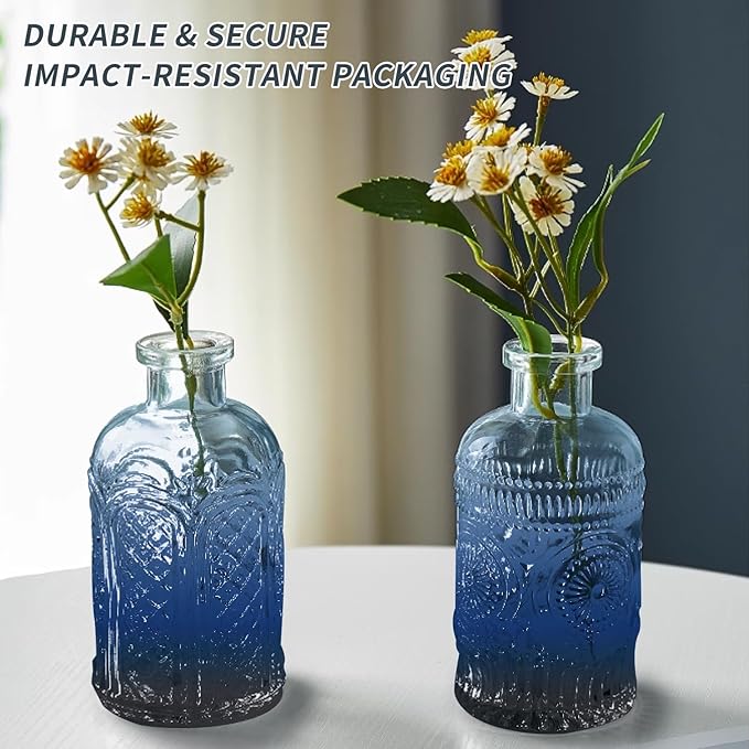 KUAGUINZUHE 12 Pcs Glass Bud Vase Set, Small Blue Vintage Flower Vases for Wedding Centerpieces in Bulk, Mini Embossed Vases for Home Table Decor, Party, Baby Shower Decorations