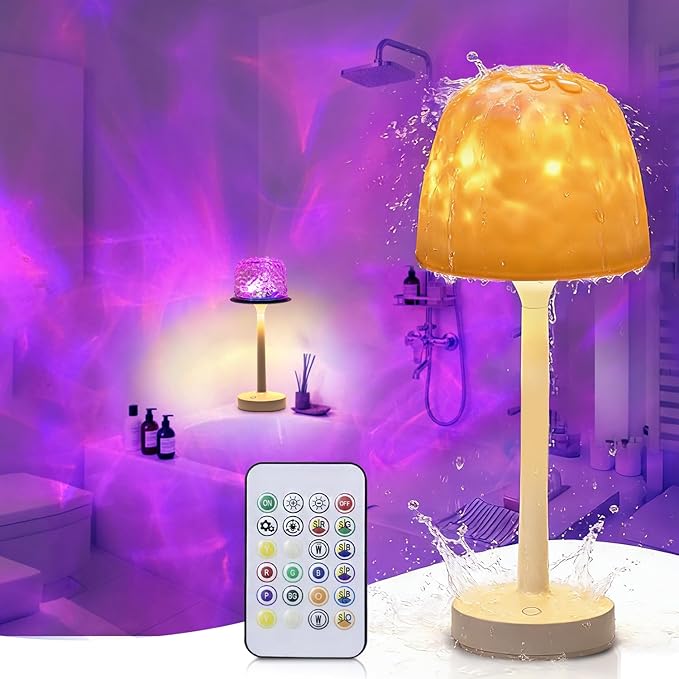 Shower Lamp, Waterproof Bathroom Light with 16-Color Ocean Wave Projector, Rechargeable & Cordless with Touch and Remote Control for Bathtub and Shower