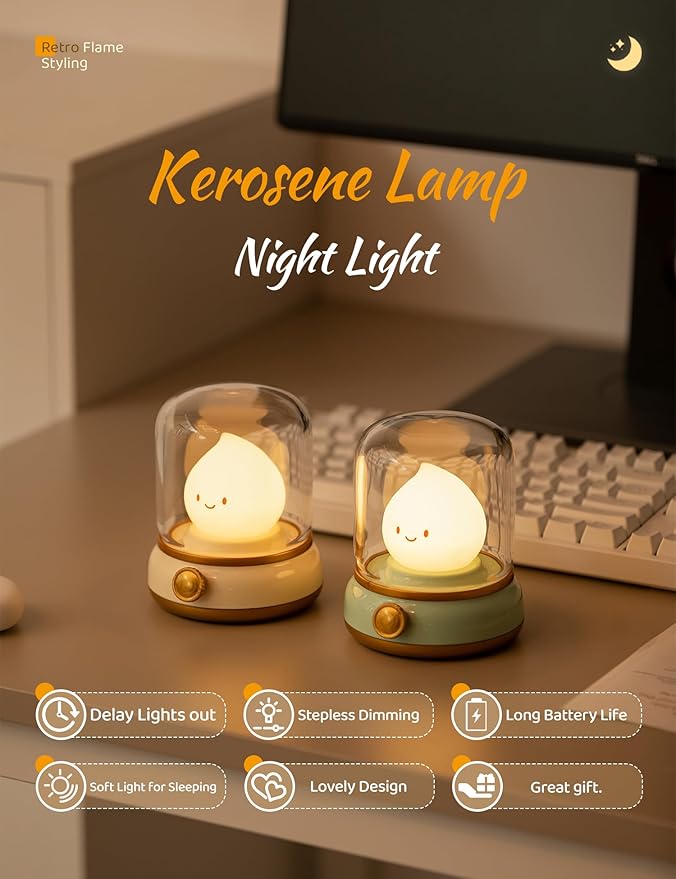 Cute Chibi Flame Lamp, Anime Cozy Lights, Retro Rechargeable Night Light, Decor, Cute Desk Accessories, Gifts 2 Pack (Yellow and Green)