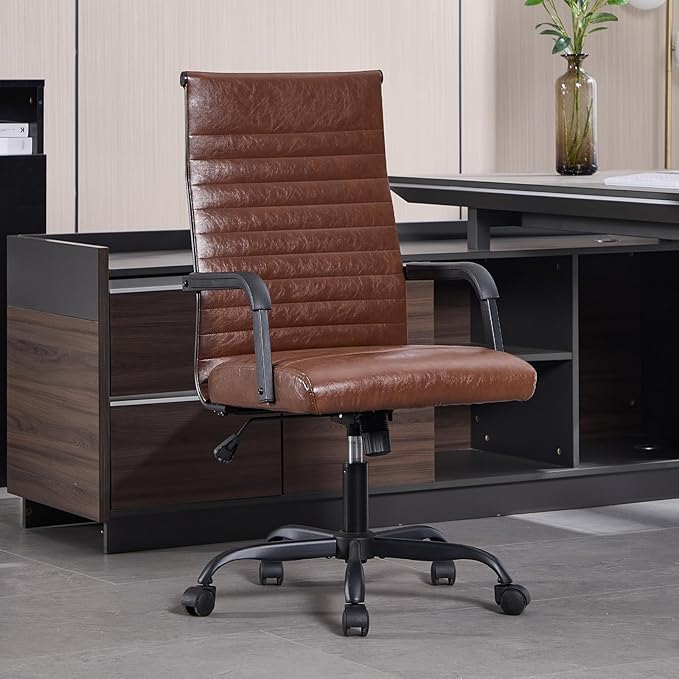 Haranuo Office Chair, Ergonomic Executive Conference Room Chairs, Ribbed Leather Desk Chair with Lumbar Support, Adjustable Height Mid-Back Swivel Chair with Padded Seat and Square Tube Armrests