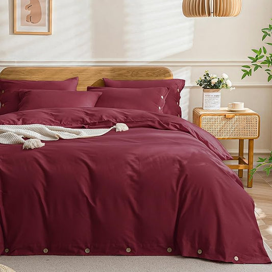 JELLYMONI Cotton Duvet Cover Full Size - Burgundy Comforter Cover with Button 100% Washed Cotton 3PCS Breathable Soft Solid Bedding Set Duvet Cover 80×90in & 2 Pillowcases (NO Comforter)