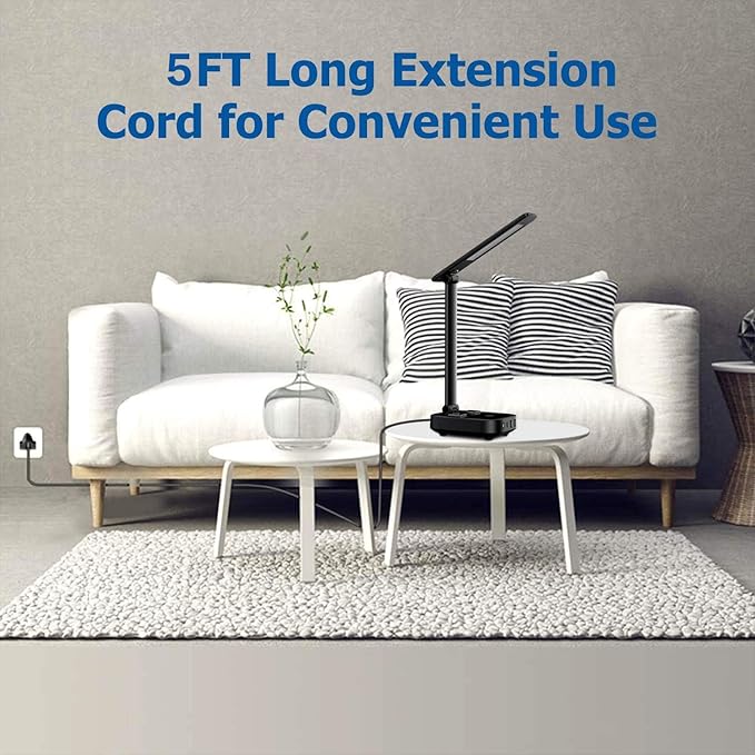 Yostyle LED Desk Lamp with 4 USB Charging Ports and 2 AC Outlets,5ft Extension Cord Power Strip Station, 3 Level Brightness, Touch Dimmer Control, Office Table Eye Care Lamp Bedroom Hotel
