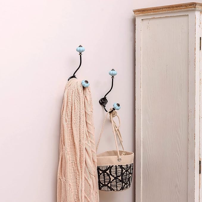 NIKKY HOME Wall Hooks Decorative 2 Pack Hanging Rustic Vintage Pumpkin Metal Iron Ceramic Antique Mounted Wall Hook for Towels Coat Bag Scarf Cap Hat Key for Farmhouse Mudroom Closet Bathroom, Blue