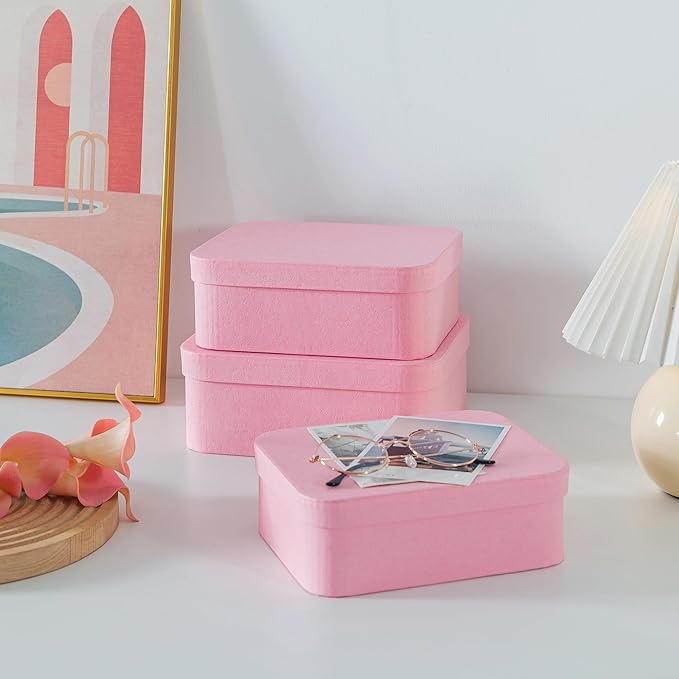 Soul & Lane Set of 3 Textured Pink Boxes with Rounded Edges, Decorative Cardboard Boxes with Lids, Nesting Gift Storage, Large Paperboard Containers for Organizing and Keepsakes
