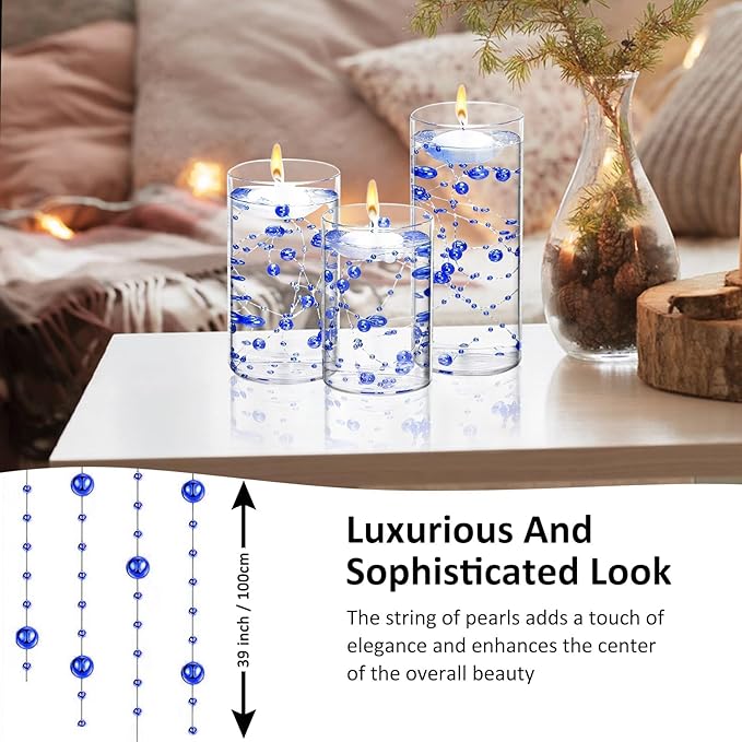 6 Set Glass Cylinder Vase with 8 Artificial Pearl String 12 White Floating Candle Multi-Size Cylinder Vase for Centerpieces 4"+ 6" + 8" Glass for Wedding Party Table Decor (6 Pcs-Blue)