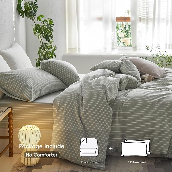 MooMee Striped Duvet Cover Set 100% Washed Cotton Linen Like Textured Breathable Durable Soft Comfy (Sage Green White Wide Stripes, Queen 90"x90")