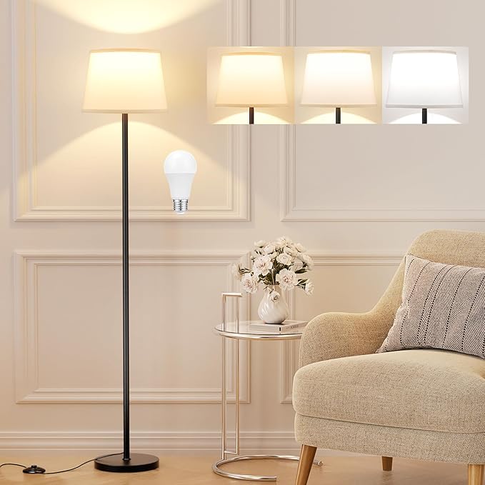 Raexpectis Floor Lamps for Living Room - 3 Color Temperatures Standing Lamp with White Shade, Modern Floor Lamp with LED Bulbs, Black Tall Lamp for Bedroom Office(9W Bulb Included)