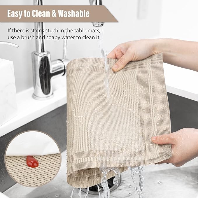 Winknowl Placemats Set of 8，Heat Resistant Woven Vinyl Washable PVC Place Mats，Non-Slip Stain Resistant Indoor/Outdoor Table Mats for Dining Table (Gold)