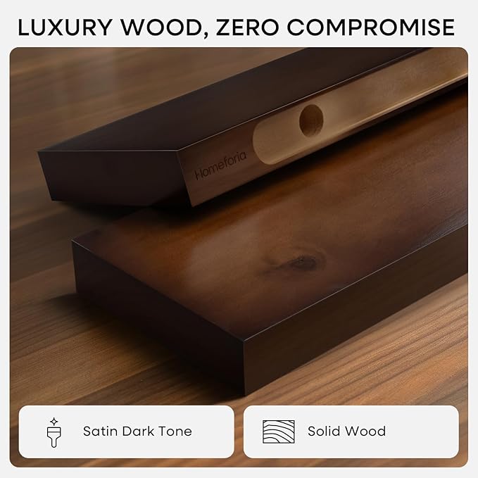 Homeforia 24inch Walnut Floating Shelves for Wall, High End Solid Real Wood 24in Floating Shelf for Bathroom, Dark Brown 24 inch Long Floating Shelves, Heavy Duty Bracket, 24 X 6.5 X 1.75 in, Set of 2