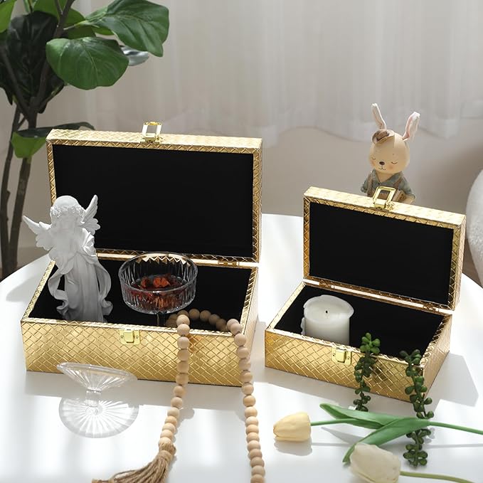 Faux Leather Decorative Jewelry Storage Organizer Boxes Set of 2, Gold