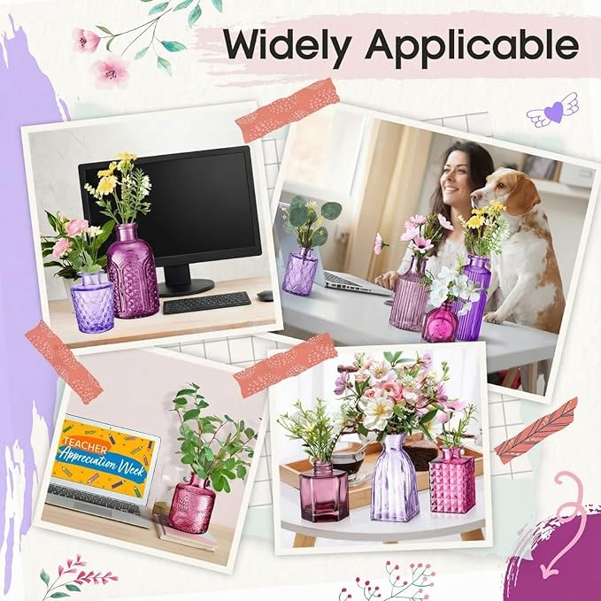 Yaomiao 30 Pcs Vases Bulk Colored Flower Glass Bud Vases Valentine Vintage Colored Glass Bottles Colorful Rustic Embossed for Home Wedding Table Decorations Gifts(Purple Series)
