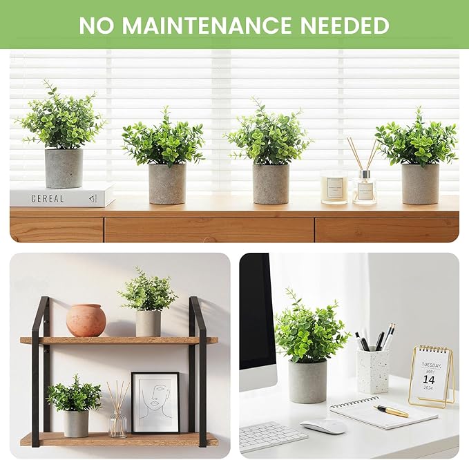 DomeStar 4PCS Faux Eucalyptus Stems, Artificial Eucalyptus Plants Greenery Stems in Pots with Gift Bags and Ribbons for Shelf Desk Home Bathroom Modern Farmhouse Living Room Coffee Table Decor