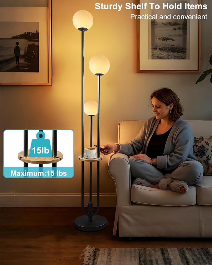 ACOHOOK 63IN Dimmable Floor Lamp with Shelf, Unique Globe Black Tall Standing Lamps Candle Holder Style, 3000K Warmwhite Mid Century Modern Floor Lamp for Living Room Home Office(Bulbs Included)