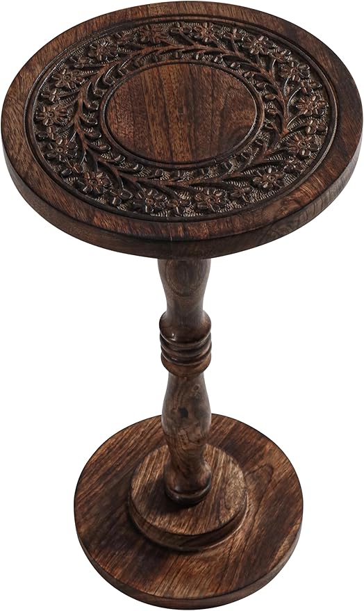 Rustic Wooden End Table 12x22 - Handcrafted Carved Side Table, Burnt Finish Bedside Table for Bedroom, Small Accent Table or Nightstand for Living Room