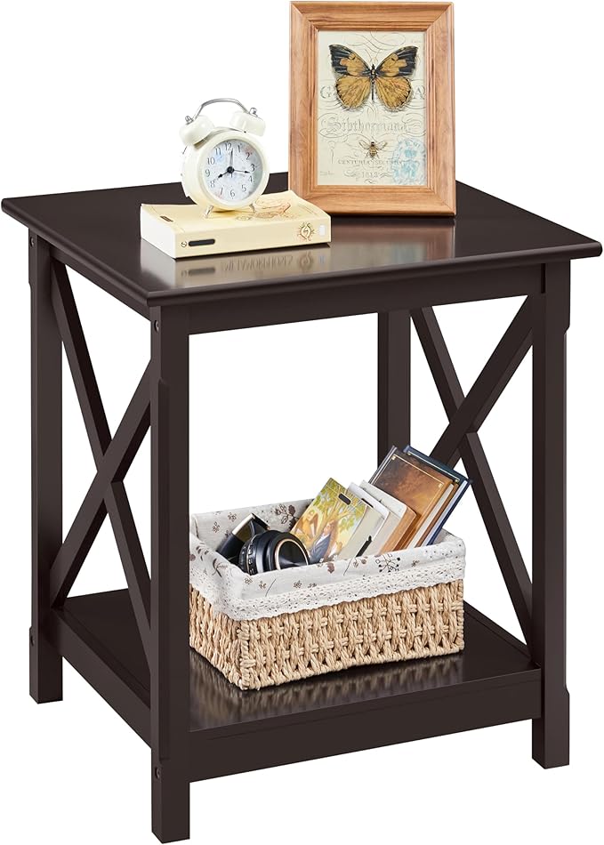 Yaheetech X Design End Table with 2-Tier Storage Shelf, Pine Wood Legs Simplistic Design Sturdy Sofa Side Table with Storage for Living Room Small Space, Dark Coffee