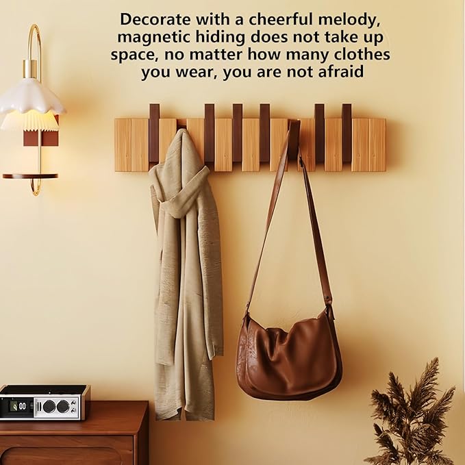 Wall Mounted Coat RackHooks Piano Key Hangers Natural Solid Wood Hanger Non-Woven Fabric Clothes Hangers for Closet, Kitchen, Bedroom, Bathroom, Entryway (Walnut-Beech, 8 Hooks)