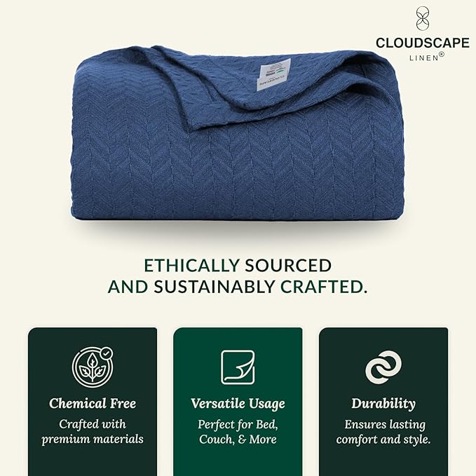 Cloud Scape Linen 100% Cotton Blanket 92x92 Ensign Blue - Cozy Herringbone Weave, Fits Up to for Full Size Beds, Breathable Softness, All-Season Warmth, Winter Blanket, for Women