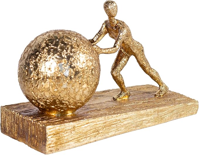 Man with Sphere Iron Statue Metal Sculpture Sportsman Art Metal Ornament Figurine Home and Office Decor （Golden）