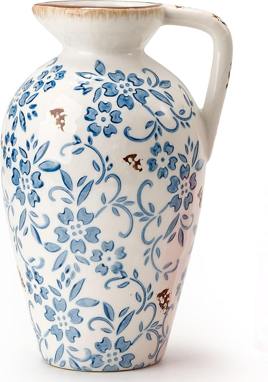Blue-and-White Porcelain Antique Vase, 8.9 Inch Vintage Chinoiserie Floral Vase, Rustic Ceramic Vase for Home Decor, Living Room, Bookshelf, Office, Entryway, Garden, Chinoiserie Decor, Tuscan Decor