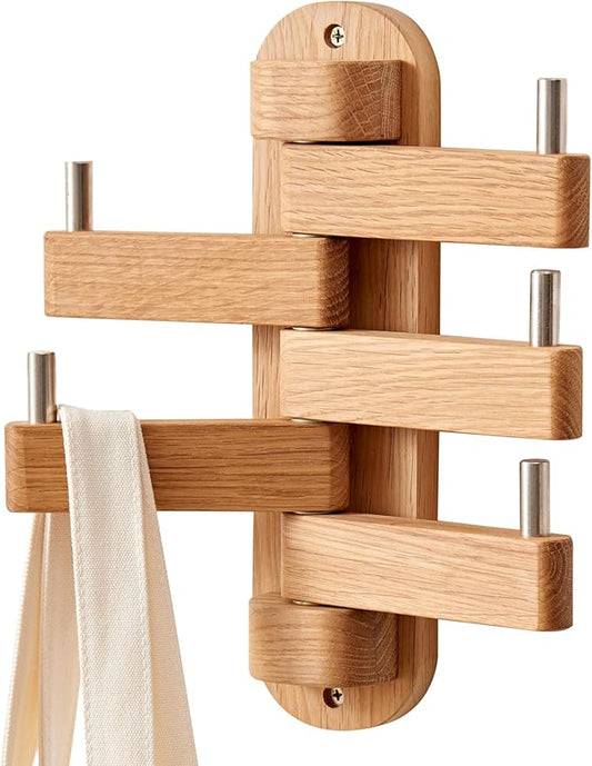 Swivel Coat Rack for Wall, Oak Wood Coat Hooks Wall Hooks with 5 Swivel Foldable Arms, Entryway Shelf for Bedroom, Entryway, Living Room, Bathroom,Office, Classroom, Heavy Duty (Natural)