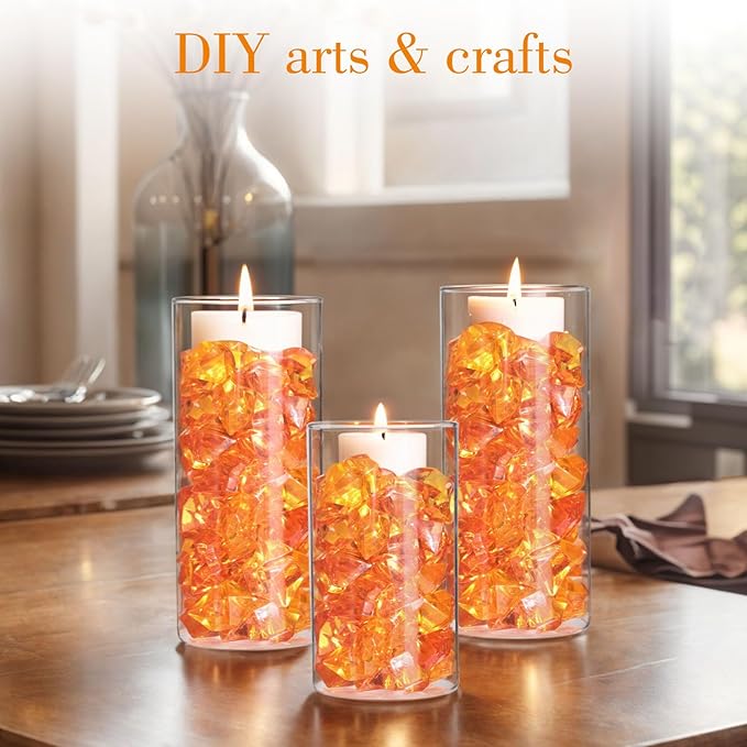 DomeStar Orange Fake Ice Rocks, 150PCS Acrylic Gems Crystals Plastic Diamonds Fake Ice Cubes Centerpiece for Vase Fillers DIY Craft Wedding Party Table Scatter Burnt Orange Decorations