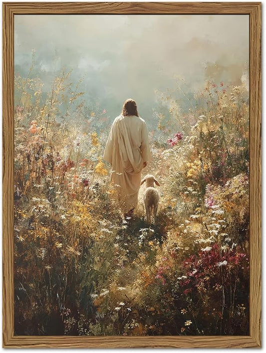 Jesus Leaves the 99 Sheep Wall Art, Jesus and Lamb Canvas Pictures, Lost Lamb Wall Decor Paintings Christian Bible Posters Prints Artwork for Living Room Prayer Room Bedroom 16x24 Inch Wood Framed