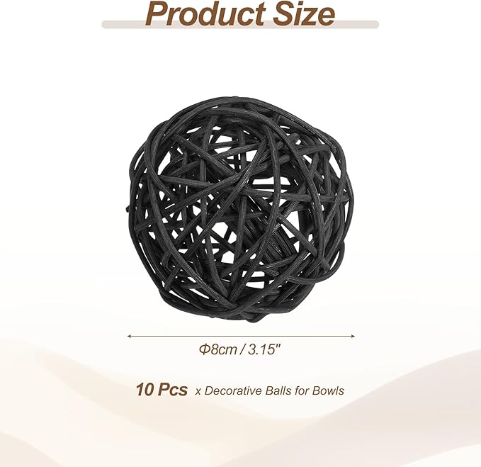 PATIKIL 3 Inch Wicker Rattan Balls, 10 Pcs Decorative Balls for Centerpiece Bowls Wedding Party Home Decor DIY Craft, Black