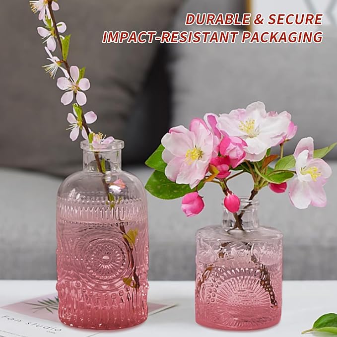 KUAGUINZUHE 12 Pcs Glass Bud Vase Set, Small Pink Vintage Flower Vases for Wedding Centerpieces in Bulk, Mini Embossed Vases for Home Table Decor, Party, Baby Shower Decorations